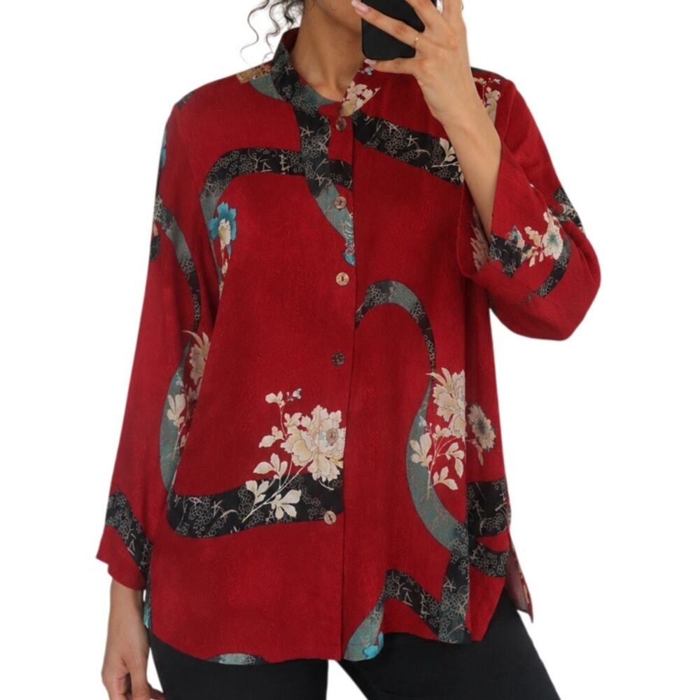 Citron Silk Blouse Red Polynesian Size XL Artsy Lagenlook Asian